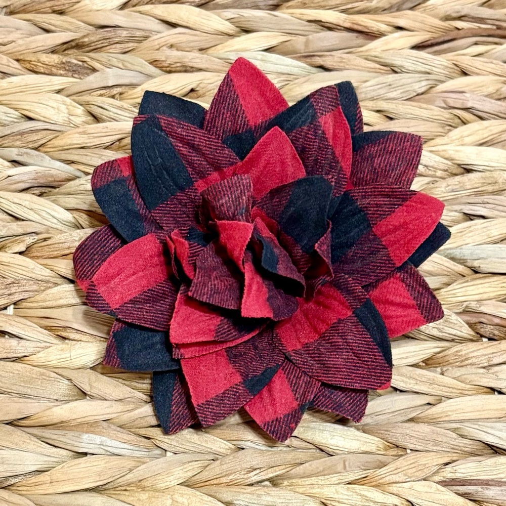 Talbots Red and Black Plaid Flower Fabric Brooch